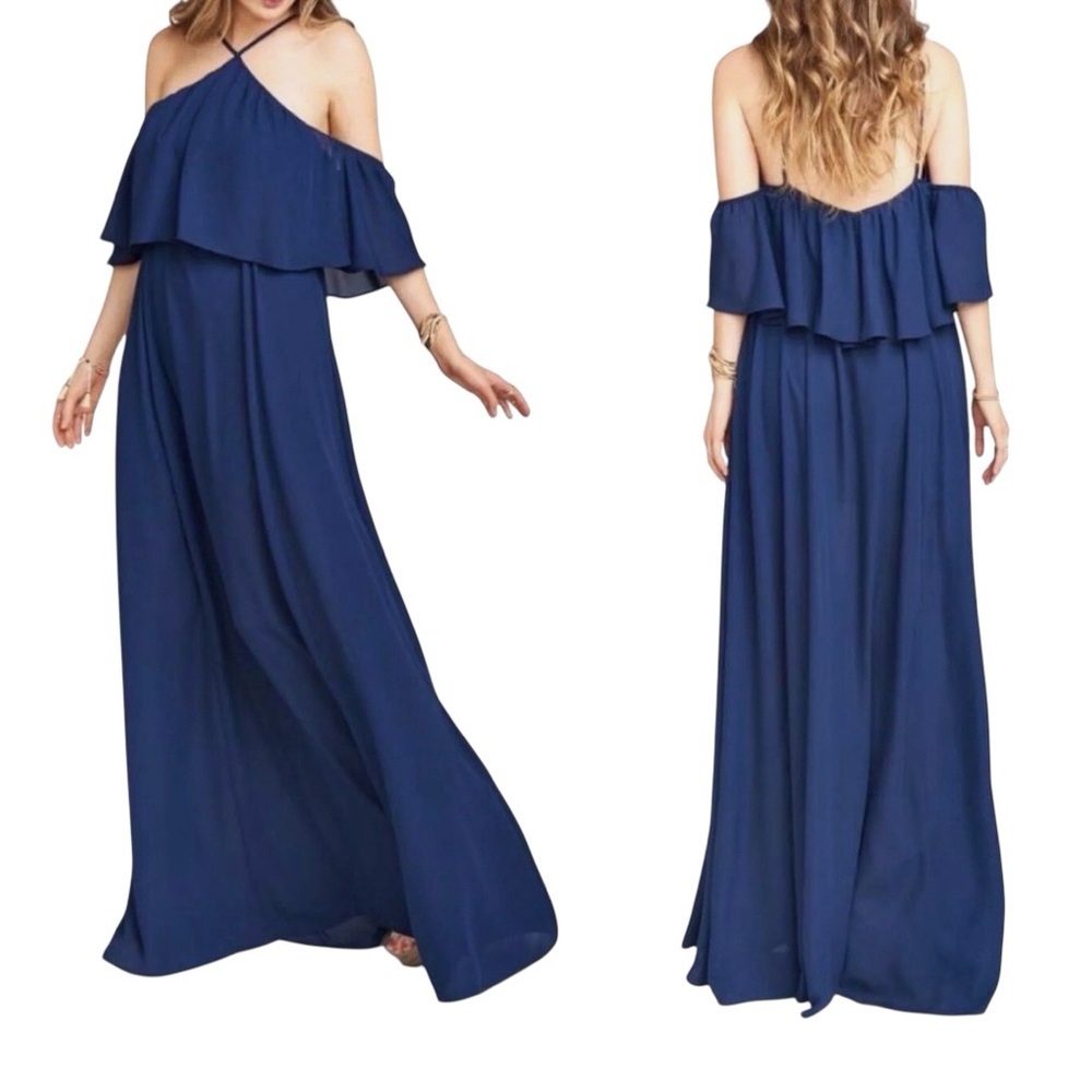 Show Me Your Mumu Glam Navy One Shoulder Maxi Dress Ruffle Overlay Formal XS